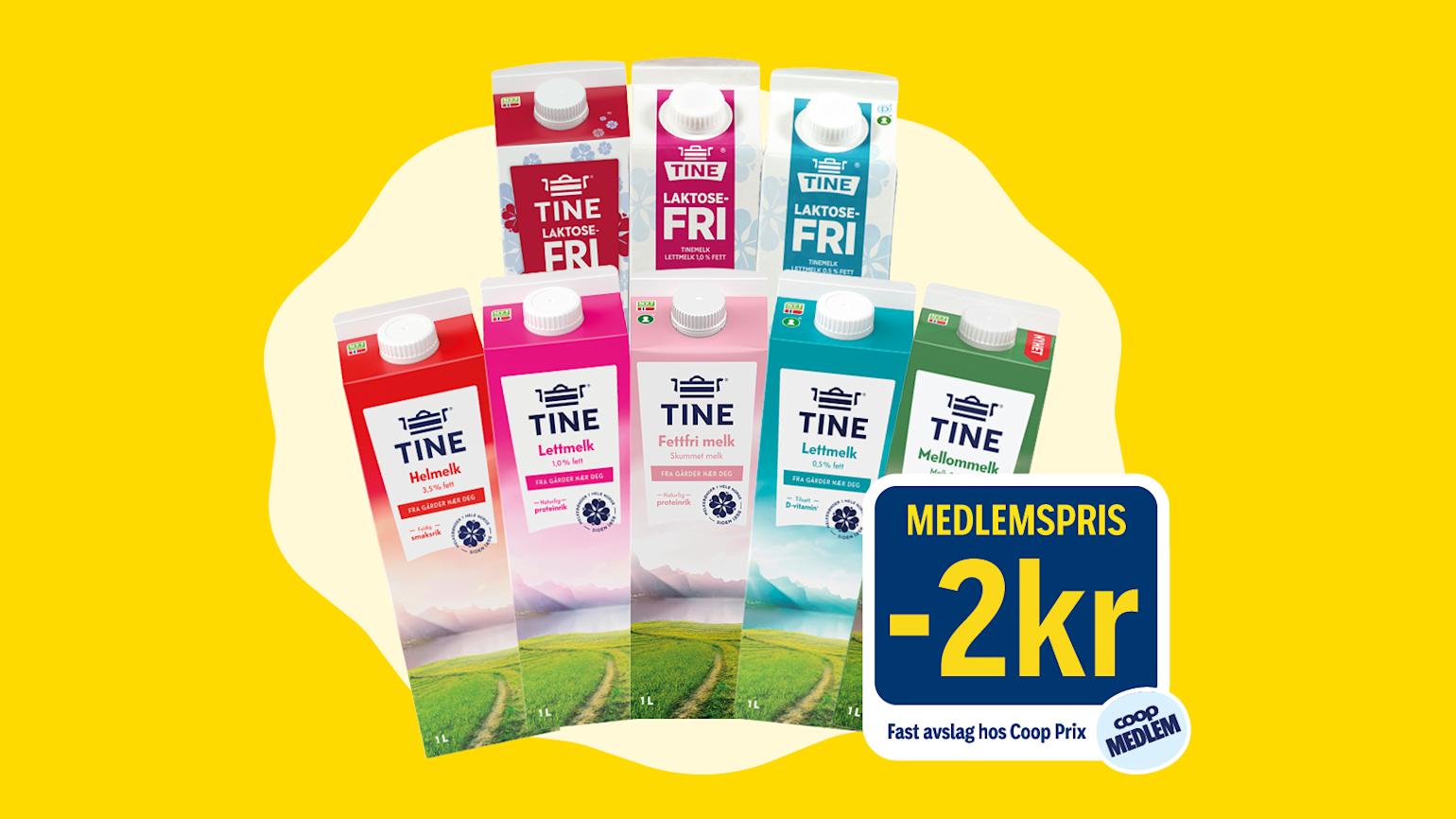 Som Coop-medlem får du -2 kr avslag på Tine 1 liters melk hos Coop Prix.