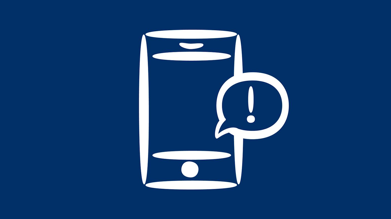 Hvitt ikon med mobil og et snakkeboble med utropstegn i på mørkeblå bakgrunn