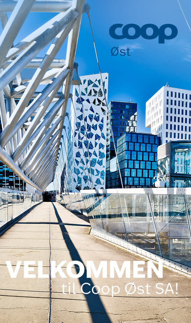 Oslo skyline med velkommen til Coop Øst i tekst