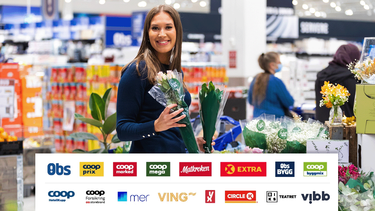 dame smiler og holder blomster i en butikk. Logoer med samarbeidspartnerne til Coop