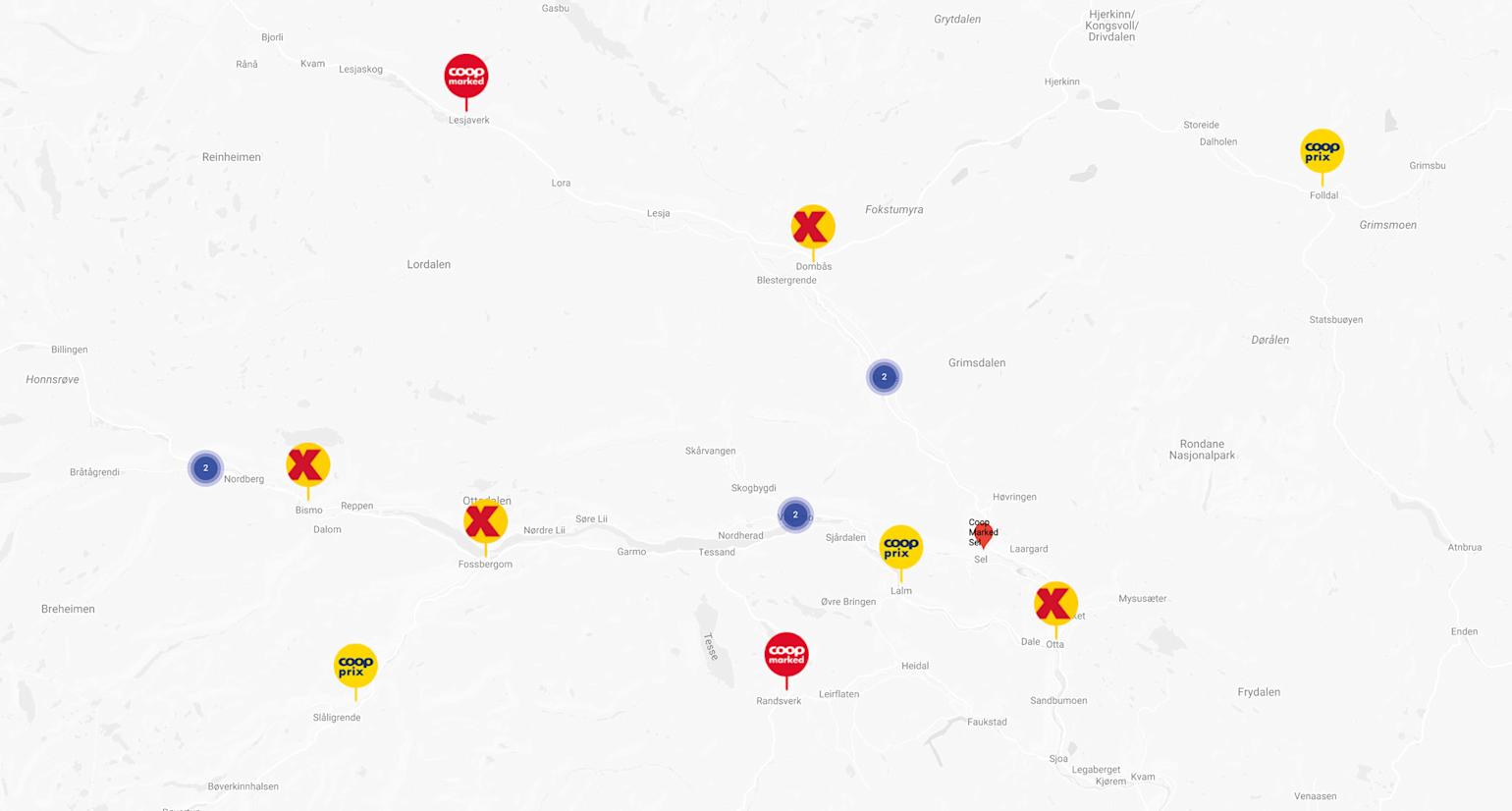 Kart med pin hvor de ulike butikkene er.
