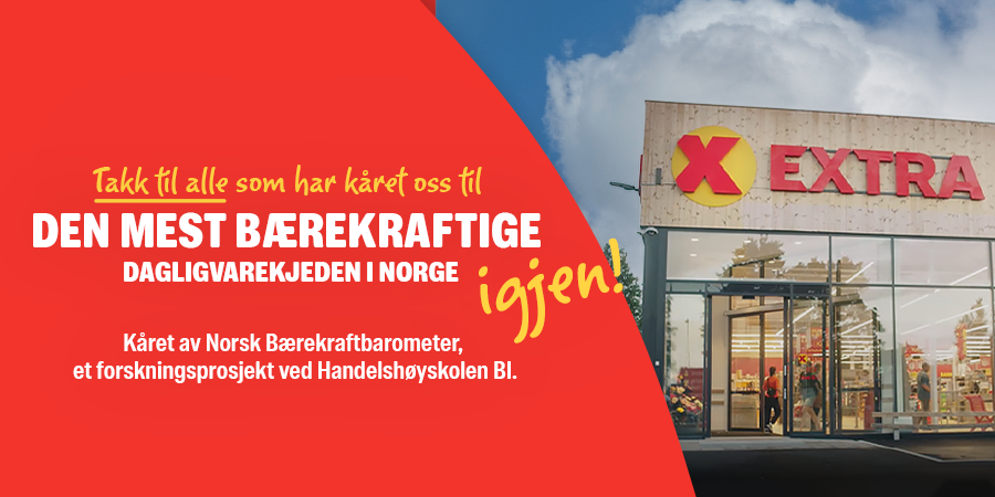 Butikk med blå himmel og teksten den mest bærekraftige dagligvarekjeden igjen