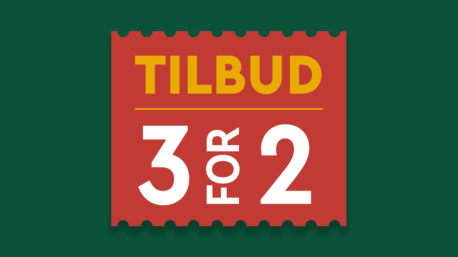 Rødt emblem med faste 3 for 2 tilbud på grønn bakgrunn