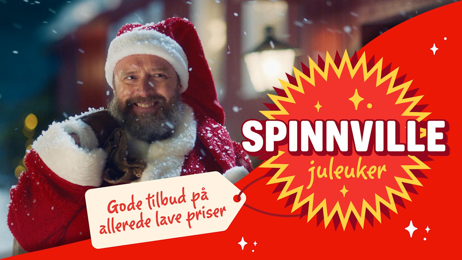 Person i julenissekostyme med skjegg og rød lue. Spinnville juleuker-logo og pristagg med "Gode tilbud på allerede lave priser".