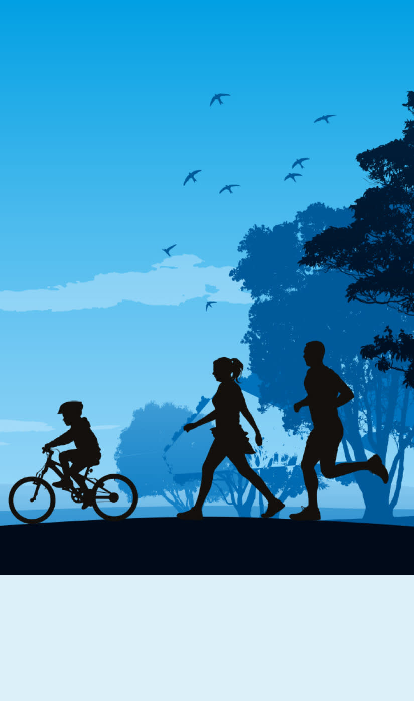 Illustrasjon i blått med fugler, trær og personer.