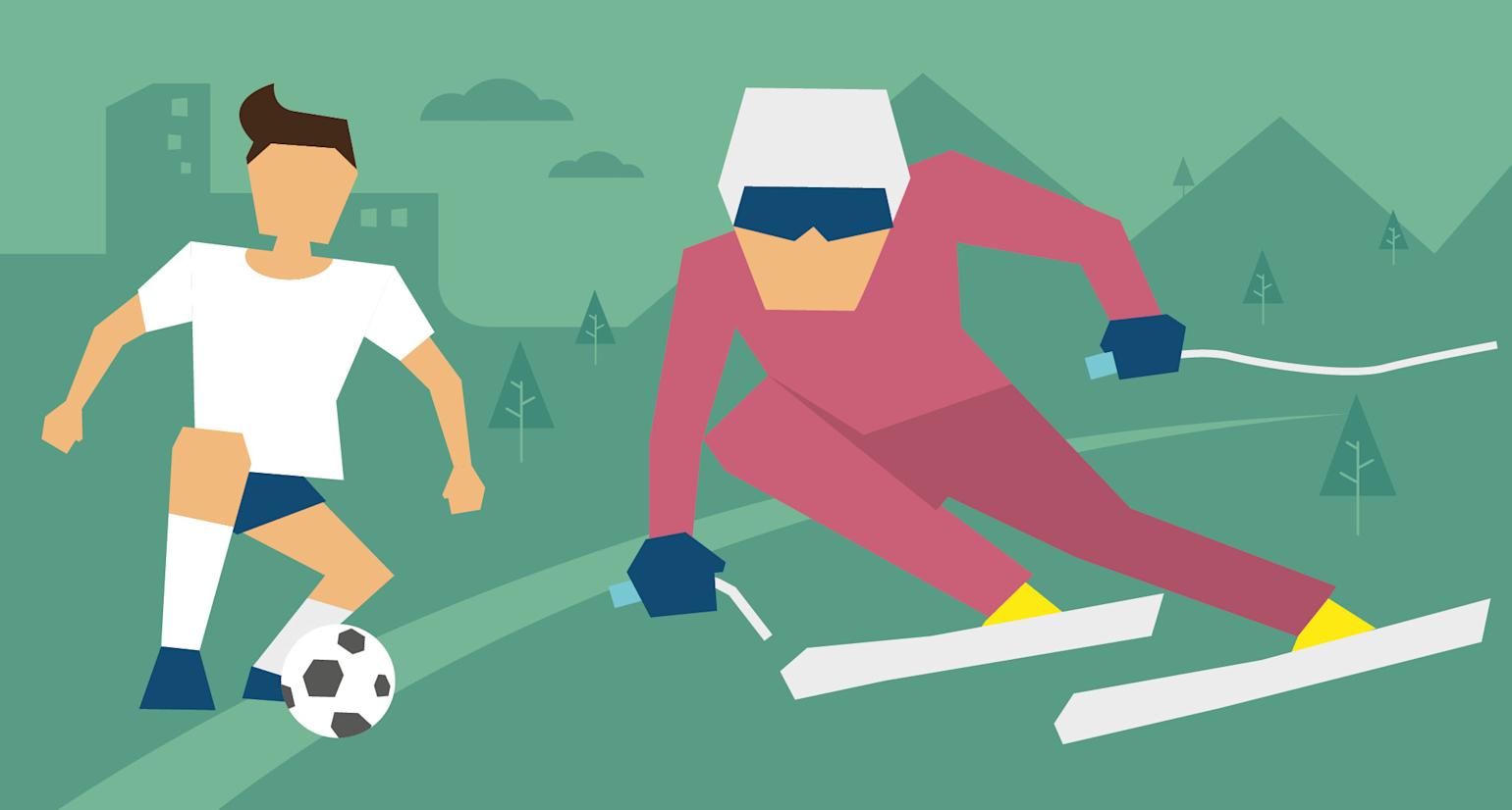 Illustrasjon av en person på ski og en som sparker fotbball.