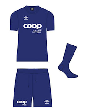 Coop Draktkampanje - blå skjorte, shorts og sokker med hvit logo