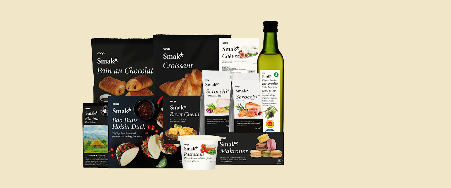 Et utvalg Smak* høstnyheter på beige bakgrunn.