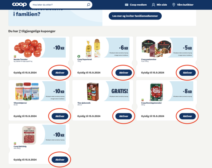 Her kan du aktivere de kupongene du har mottatt og ønsker å bruke. Rabatten blir automatisk trukket ifra i kassen når du skanner medlemskortet ditt.